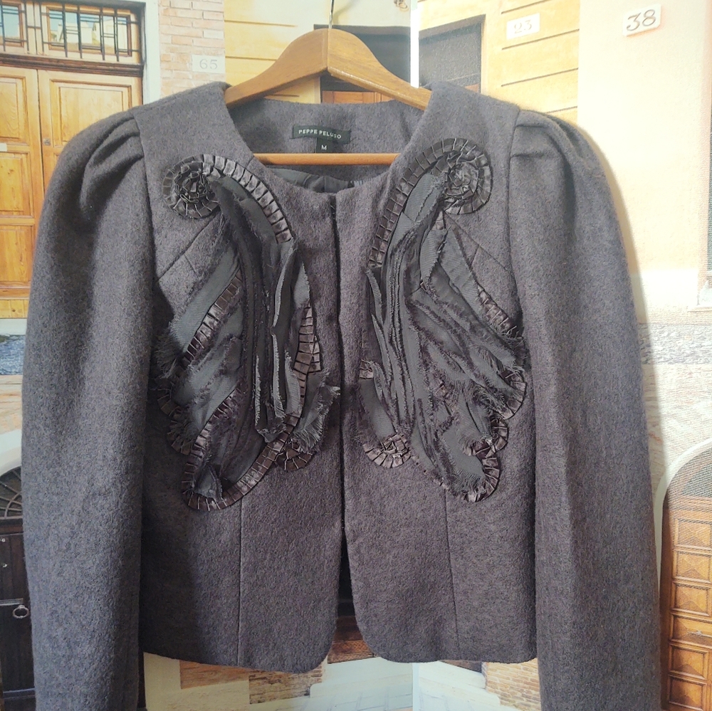 PEPPE PELUSO 🦙Wool Charcoal-GREY Cropped Blazer-Jacket Size: MED